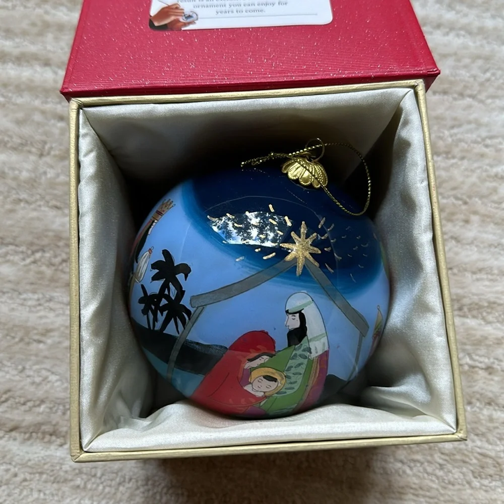 Pier 1 Hand Painted Glass Christmas Ornament Li Bien Nativity Mary Joseph Jesus